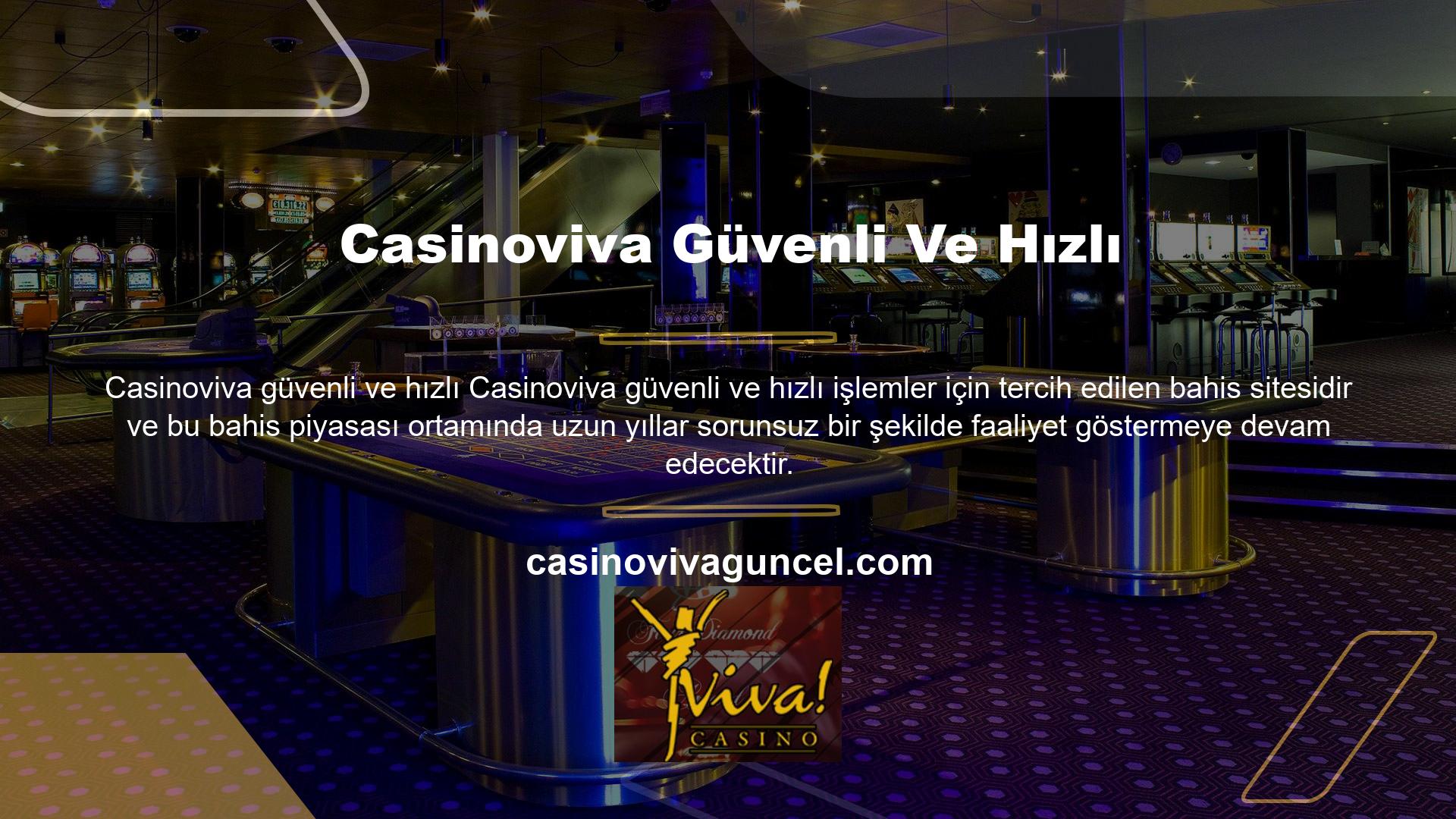 Casinoviva, müşterilerine sanal casino, casino, slot makineleri veya spor bahislerinin keyfini çıkarma fırsatı sunuyor ve 7-24 hizmet felsefesi aracılığıyla verimli canlı destek sağlamaya kararlıdır